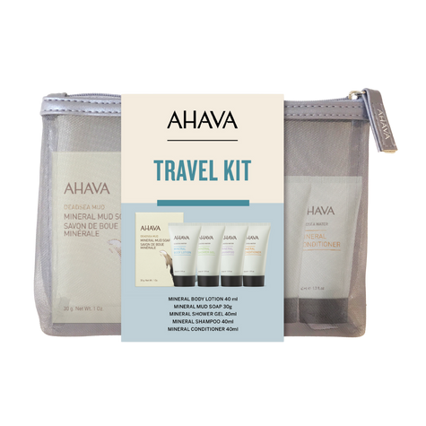 קיט נסיעות AHAVA המכיל מוצרי טיפוח חיוניים למטיילים בגודל מיוחד.